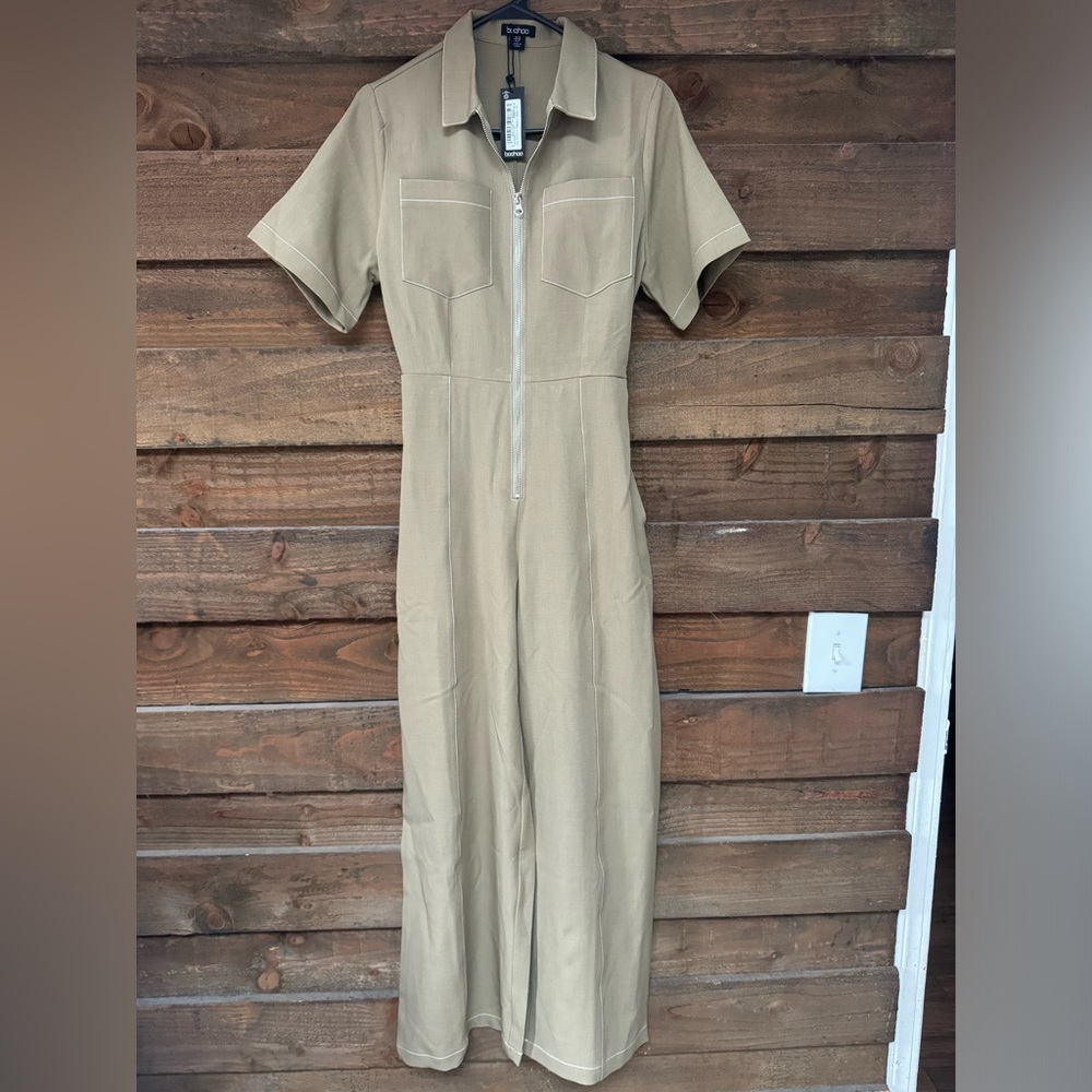 Boohoo Khaki Jumpsuit with Zipper